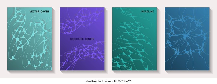 Cubiertas vectoriales científicas con estructura molecular o células del sistema nervioso. Recorrido de líneas de curva con fondo de fondo. Futuristas modelos vectoriales de banner. Cuadros científicos de biotecnología.