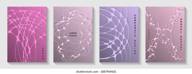 Scientific vector covers with molecular structure or nervous system cells. Overlapping curve lines ripple textures. Vivid magazine vector layouts. Microbiology science covers.