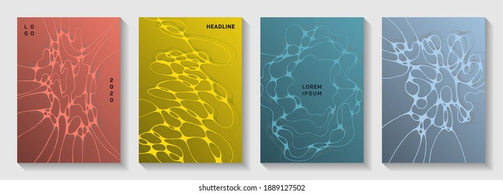 Cubiertas vectoriales científicas con estructura molecular o células del sistema nervioso. El color ondulado hace que se produzcan texturas de conexión. Estilosas plantillas vectoriales de banner. Portadas científicas de neurología.