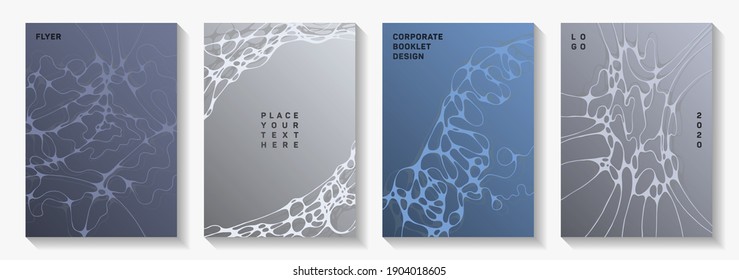 Scientific vector covers with molecular structure or nervous system cells. Smooth waves fusion textures. Vibrant magazine vector templates. Anatomy, biology, medicine covers.