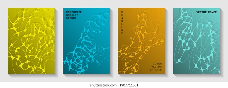 Cubiertas vectoriales científicas con estructura molecular o células del sistema nervioso. Fondos geométricos de líneas de curva dobladas. Plantillas vectoriales de banner de tracería. Portadas científicas de neurología.