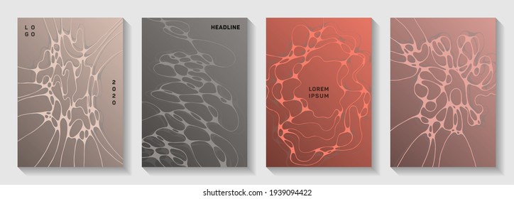 Scientific vector covers with molecular structure or nervous system cells. Overlapping waves grid textures. Subtle title page vector layouts. Scientific biotechnology covers.