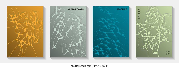 Scientific vector covers with molecular structure or nervous system cells. Overlapping waves fusion backdrops. Colorful notebook vector templates. Neuroscience covers design.