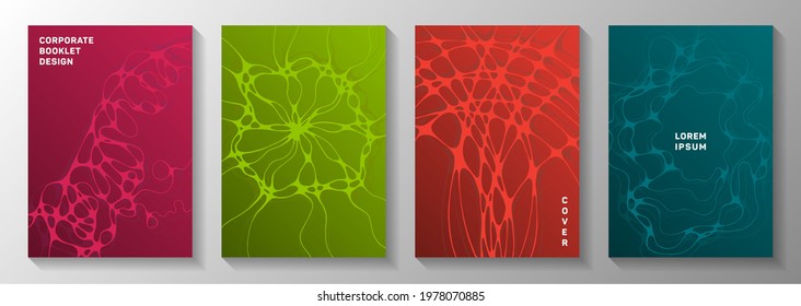 Scientific vector covers with molecular structure or nervous system cells. Curly curve lines flux backdrops. Vibrant banner vector layouts. Healthcare and hygiene covers.