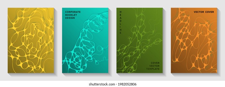 Wissenschaftliche Vektorgrafiken mit Molekularstruktur oder Zellen des Nervensystems. Die Doodle-Kurve reiht die Hintergründe der Blockkette ein. Flache Titelseiten, Vektorvorlagen. Anatomie, Biologie, Medizin bedeckt.