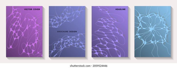 Scientific vector covers with molecular structure or nervous system cells. Crossed waves flux backgrounds. Trendy magazine vector templates. Laboratory research report covers.