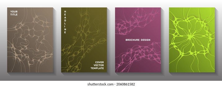 Scientific vector covers with molecular structure or nervous system cells. Curly curve lines torrent textures. Minimal title page vector templates. Chemistry or physics covers.