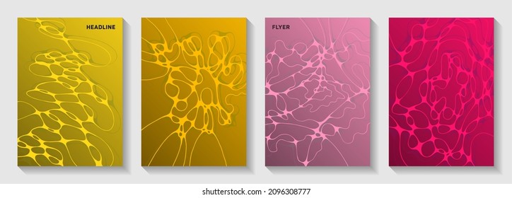 Cubiertas vectoriales científicas con estructura molecular o células del sistema nervioso. fondo de patrón de líneas de curva flexible. Plantillas vectoriales de páginas de título suave. La química o la física.