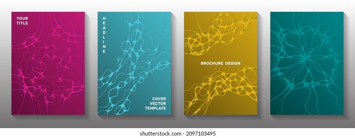 Scientific vector covers with molecular structure or nervous system cells. Overlapping curve lines plexus textures. Colorful banner vector layouts. Scientific biotechnology covers.
