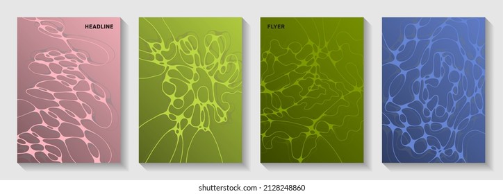 Scientific vector covers with molecular structure or nervous system cells. Crossed waves render textures. Vivid banner vector templates. Neuroscience covers design.