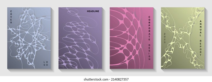 Scientific vector covers with molecular structure or nervous system cells. Linked curve lines flow backdrops. Colorful banner vector layouts. Microbiology science covers.