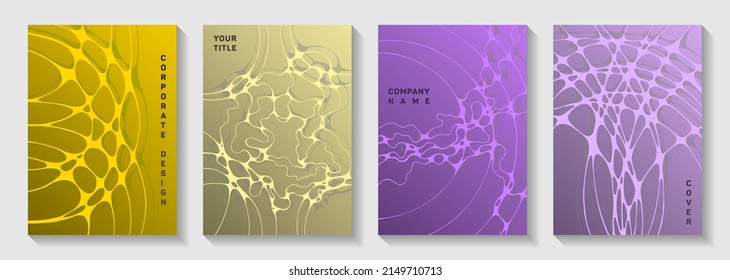 Scientific vector covers with molecular structure or nervous system cells. Marble curve lines bubble backgrounds. Futuristic banner vector layouts. Neuroscience covers design.