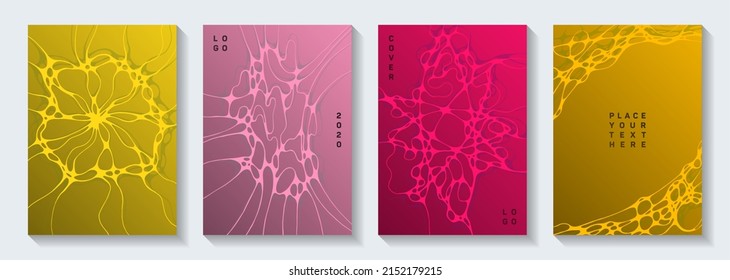 Scientific vector covers with molecular structure or nervous system cells. Mobile curve lines net backgrounds. Futuristic brochure vector layouts. Anatomy, biology, medicine covers.