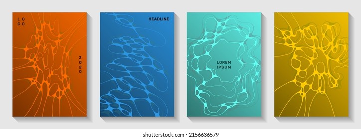 Scientific vector covers with molecular structure or nervous system cells. Linked curve lines flow backdrops. Stylish brochure vector templates. Anatomy, biology, medicine covers.