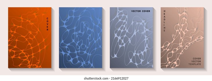 Scientific vector covers with molecular structure or nervous system cells. Fluid waves flow backdrops. Abstract notebook vector templates. Anatomy, biology, medicine covers.