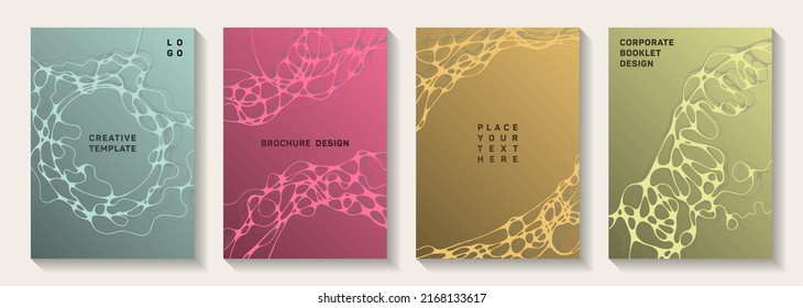 Scientific vector covers with molecular structure or nervous system cells. Intersecting curve lines fusion textures. Creative banner vector layouts. Healthcare and hygiene covers.