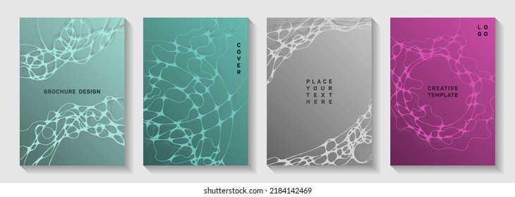 Scientific vector covers with molecular structure or nervous system cells. Liquid curve lines connection textures. Trendy title page vector templates. Anatomy, biology, medicine covers.