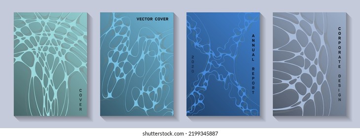 Cubiertas vectoriales científicas con estructura molecular o células del sistema nervioso. Curva redondeada texturas de cuadrícula. Diseños vectoriales de páginas de título futuristas. Portadas científicas de neurología.