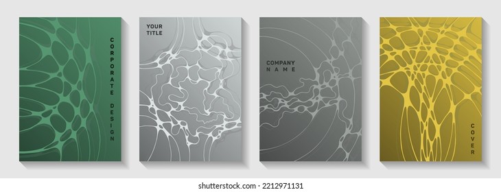 Cubiertas vectoriales científicas con estructura molecular o células del sistema nervioso. Olas líquidas de fondo adornado. Diseños vectoriales de revista minimalista. El informe de investigación de laboratorio abarca.