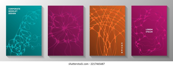 Wissenschaftliche Vektorgrafiken mit Molekularstruktur oder Zellen des Nervensystems. Komplexe Wellen strömen Texturen. Delikate Notebook-Vektorvorlagen. Die Mikrobiologie deckt ab.