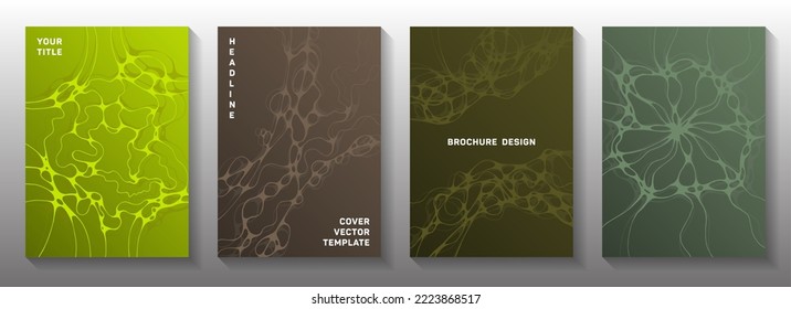 Scientific vector covers with molecular structure or nervous system cells. Bent waves blend textures. Tracery brochure vector layouts. Neurology scientific covers.