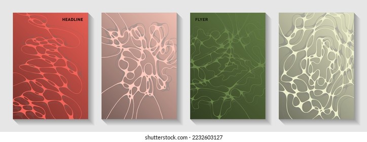 Cubiertas vectoriales científicas con estructura molecular o células del sistema nervioso. Fondo de burbujas de ondas fluidas. Coloridas plantillas vectoriales de banner. Cuadros científicos de biotecnología.