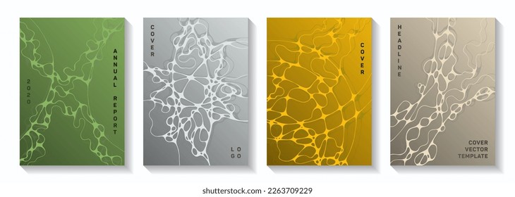 Scientific vector covers with molecular structure or nervous system cells. Fluid curve lines blockchain backdrops. Abstract notebook vector templates. Microbiology science covers.