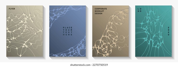 Scientific vector covers with molecular structure or nervous system cells. Fluid curve lines surface textures. Stylish banner vector layouts. Anatomy, biology, medicine covers.