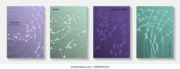 Scientific vector covers with molecular structure or nervous system cells. Doodle curve lines pattern backgrounds. Abstract brochure vector layouts. Healthcare and hygiene covers.