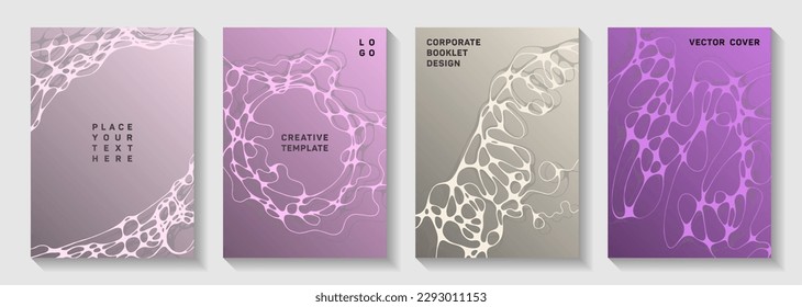 Scientific vector covers with molecular structure or nervous system cells. Crossed curve lines grid textures. Colorful magazine vector templates. Scientific biotechnology covers.