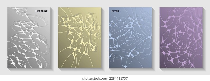 Scientific vector covers with molecular structure or nervous system cells. Smooth waves weave textures. Stylish banner vector templates. Microbiology science covers.