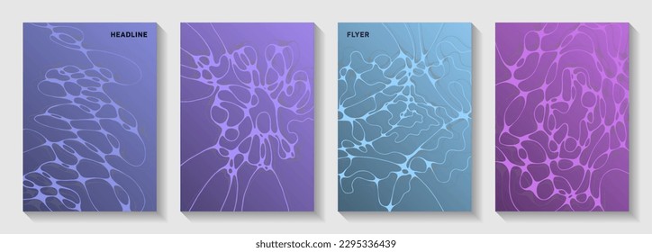 Scientific vector covers with molecular structure or nervous system cells. Crossed curve lines ripple backdrops. Minimal notebook vector templates. Anatomy, biology, medicine covers.