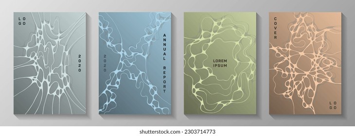 Scientific vector covers with molecular structure or nervous system cells. Overlapping waves render backdrops. Soft magazine vector layouts. Scientific biotechnology covers.