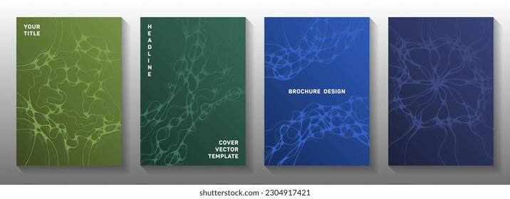 Scientific vector covers with molecular structure or nervous system cells. flexible waves motion backgrounds. Creative brochure vector layouts. Laboratory research report covers.