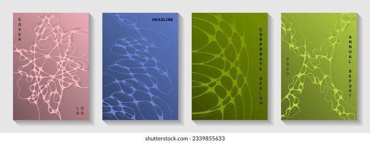 Scientific vector covers with molecular structure or nervous system cells. Overlaying waves ripple textures. Abstract notebook vector templates. Laboratory research report covers.