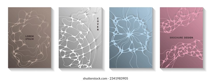 Scientific vector covers with molecular structure or nervous system cells. Intersecting waves torrent textures. Vibrant brochure vector templates. Anatomy, biology, medicine covers.