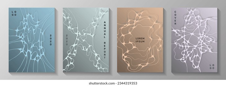 Cubiertas vectoriales científicas con estructura molecular o células del sistema nervioso. Tejidos de ondas suaves. Diseños vectoriales de revistas elegantes. Cubiertas medicofarmacéuticas.