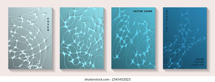 Scientific vector covers with molecular structure or nervous system cells. Rounded waves flow textures. Vibrant notebook vector layouts. Chemistry or physics covers.