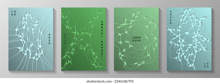 Scientific vector covers with molecular structure or nervous system cells. Intersecting curve lines ripple textures. Subtle brochure vector templates. Healthcare and hygiene covers.