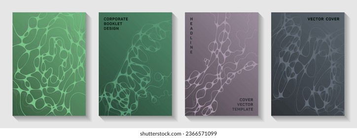 Scientific vector covers with molecular structure or nervous system cells. Doodle curve lines meshwork backgrounds. Soft title page vector templates. Pharmaceutical medical covers.