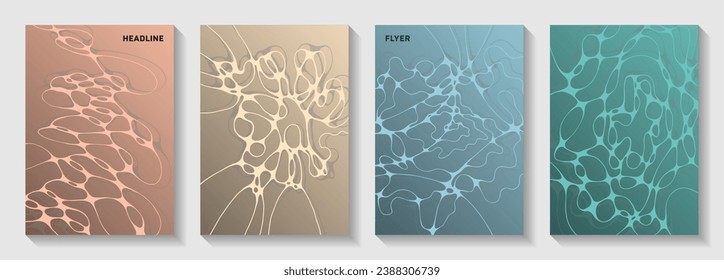 Scientific vector covers with molecular structure or nervous system cells. Liquid curve lines bubble backgrounds. Delicate title page vector layouts. Neurology scientific covers.
