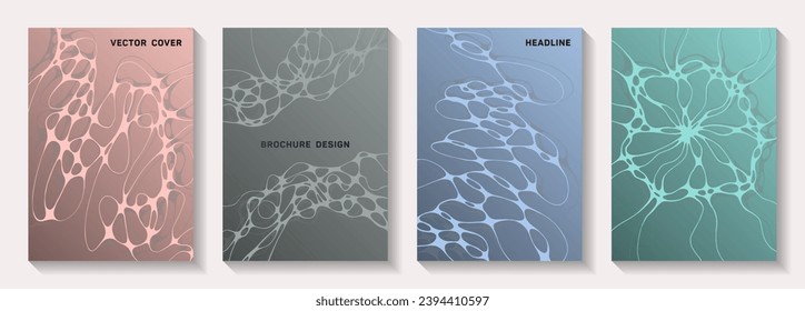 Scientific vector covers with molecular structure or nervous system cells. flexible curve lines blockchain textures. Minimalist brochure vector templates. Laboratory research report covers.