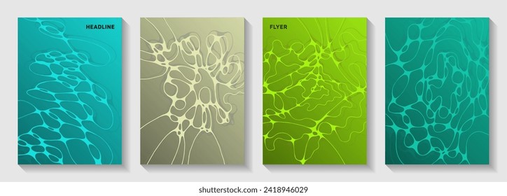 Scientific vector covers with molecular structure or nervous system cells. Dynamic waves surface textures. Vibrant magazine vector templates. Neurology scientific covers.