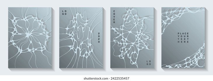 Scientific vector covers with molecular structure or nervous system cells. Overlaying waves fusion backdrops. Soft banner vector templates. Chemistry or physics covers.