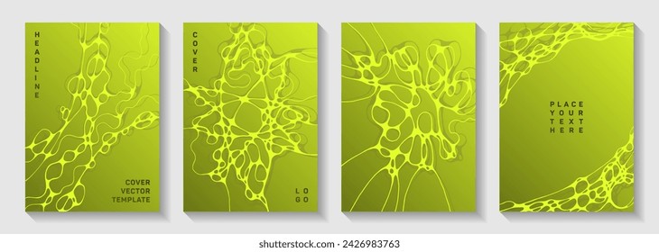 Scientific vector covers with molecular structure or nervous system cells. Overlaying waves blockchain backdrops. Futuristic brochure vector layouts. Pharmaceutical medical covers.