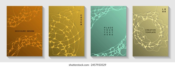 Scientific vector covers with molecular structure or nervous system cells. Dynamic waves stream backdrops. Minimal brochure vector layouts. Chemistry or physics covers.