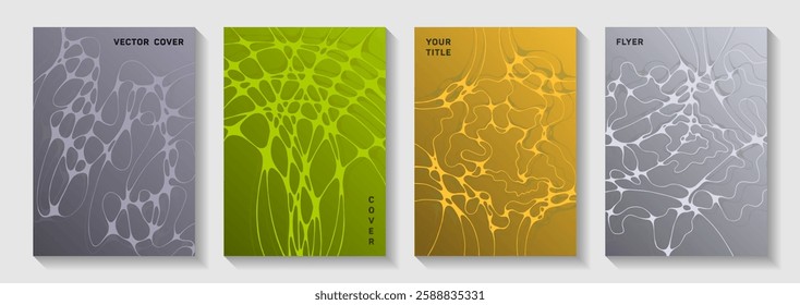 Scientific vector covers with molecular structure or nervous system cells. Liquid waves grid textures. Flat brochure vector templates. Neurology scientific covers.