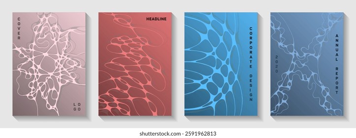 Scientific vector covers with molecular structure or nervous system cells. Rounded curve lines meshwork backgrounds. Stylish title page vector layouts. Anatomy, biology, medicine covers.