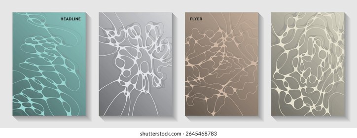 Coberturas de vetor científico com estrutura molecular ou células do sistema nervoso. As linhas de curva de interseção mesclam texturas. Modelos de vetor de banner com estilo. Capas científicas de neurologia.