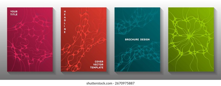 El Vector científico cubre con estructura molecular o células del sistema nervioso. Las líneas de curva dinámicas fusionan texturas. Diseños de Vector de folleto vívido. Cubiertas sanitarias y de higiene.